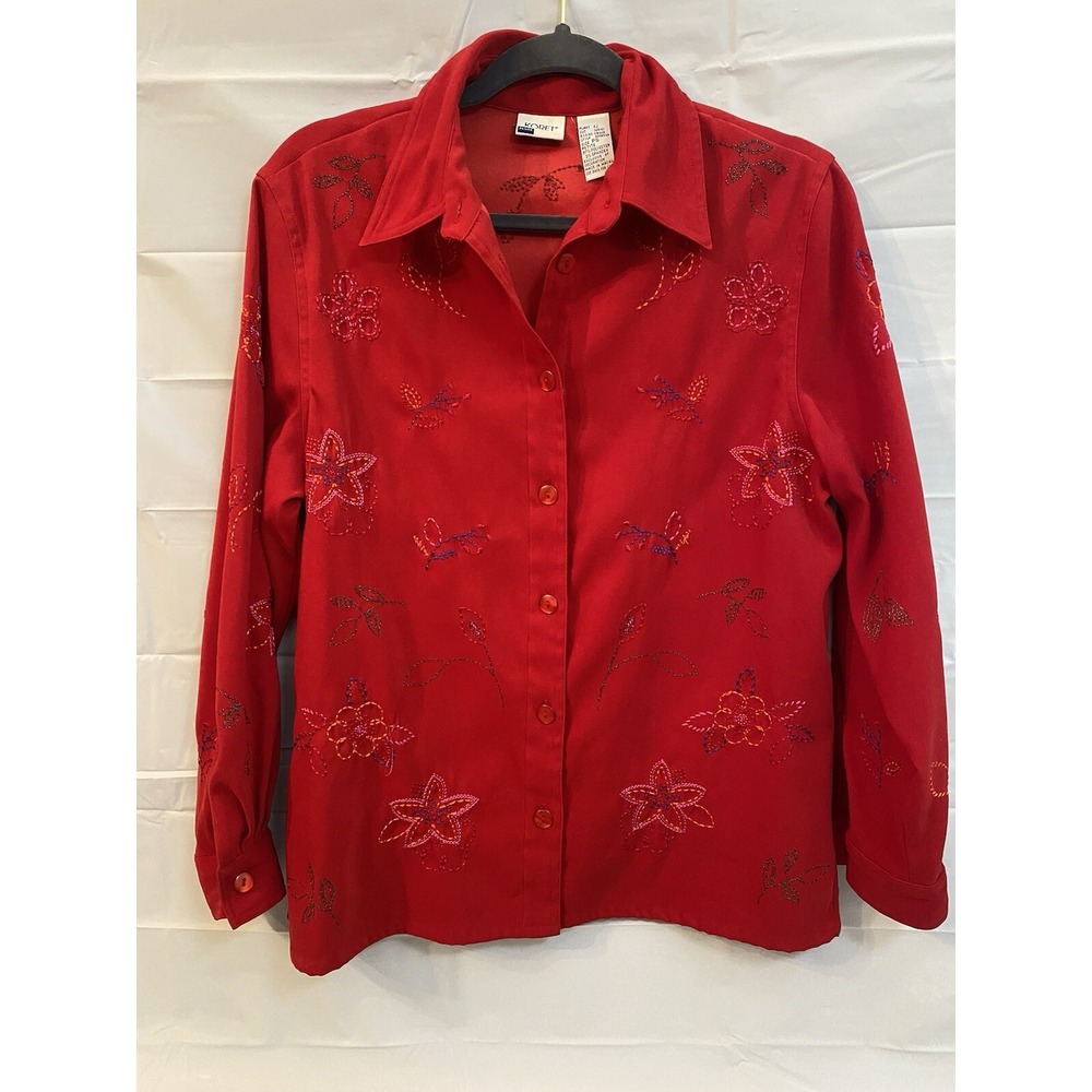 KORET Petite Small Red‎ Embroidered Button Up Chamois Soft Top Shirt Blouse